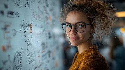 3D innovative professionals standing in front of a large whiteboard, sketching out concepts