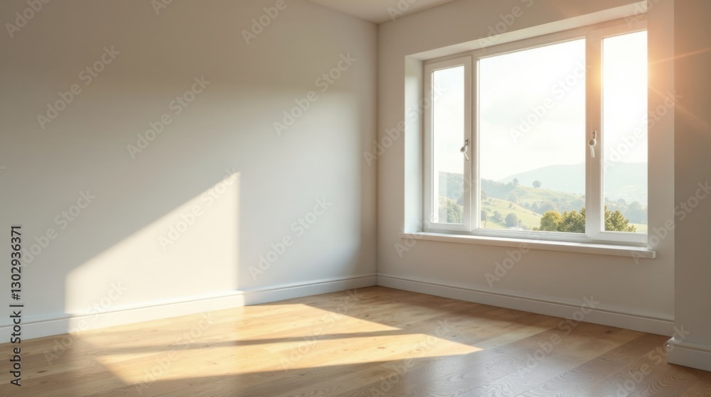 Fototapete Sunlight streams through a large window in an empty room with hardwood floors and white walls