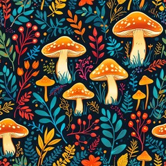 Vibrant Autumn Forest Mushroom Pattern: A Colorful Seamless Design Featuring Various Mushrooms and Plants