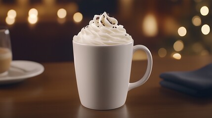 Hot chocolate with whipped cream in white mug on warm cozy background. Winter beverage promotion