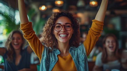 3D female entrepreneur celebrating a business milestone with her team in a professional setting