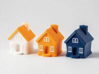 3D Printed Miniature Houses in Vibrant Colors on White Background
