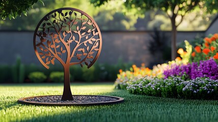 Decorative tree sculpture in a flower garden display