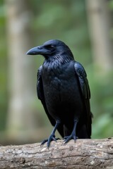 Majestic Black Crow Perched on a Log in a Lush Forest Environment