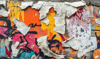 Weathered wall art with torn paper and graffiti.