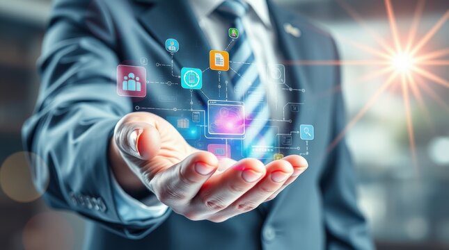 Business technology solutions: A businessman holds projected digital icons symbolizing connectivity and progress.