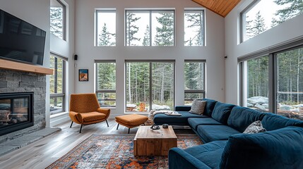 Modern living room with large windows, fireplace, and comfortable seating.