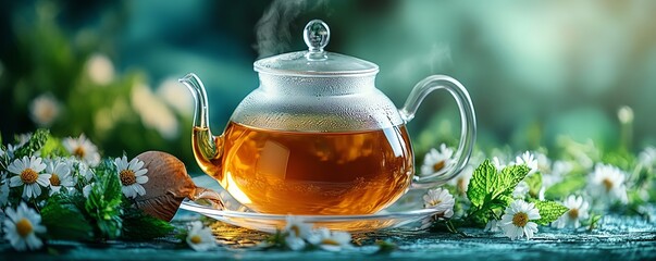 Hot tea poured from a teapot into a glass cup, with mint and delicate flowers, set against a blurred teal background, creating a relaxing and tranquil atmosphere