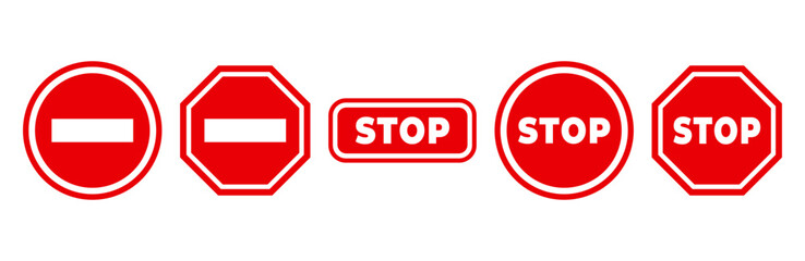 Set of Stop Street icon collection. Stop hand sign with text. Red stop sign. Vector Illustration. 