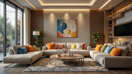 Modern Living Room Interior Design Featuring Comfortable Furniture and Colorful Accents