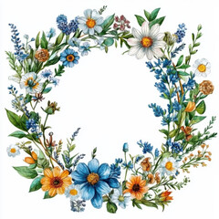 Obraz premium a beautiful flower wreath in style of a watercolor drawing, white background, 