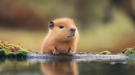 Fototapeta premium Adorable Baby Capybara with Soft Brown Fur Enjoying by the Pond