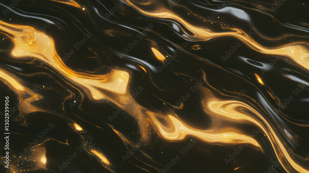 Poster Abstract liquid metal texture with flowing patterns in gold and black for creative design