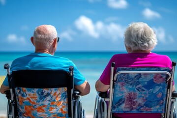 Seaside Serenity: An elderly couple, seated in wheelchairs, gazes at the tranquil ocean, symbolizing retirement and a life of relaxation by the sea. 