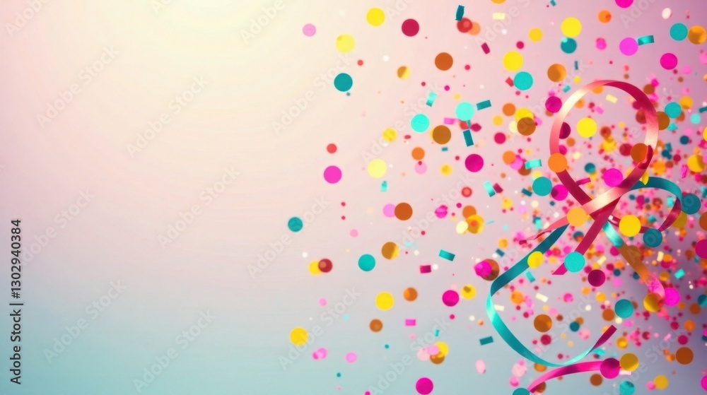 Poster joyful celebration colorful confetti and ribbons exploding on a pastel background