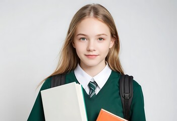 Obraz premium Smiling Student in Uniform Holds Books. Generative Ai
