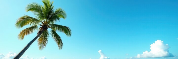 Fototapeta premium Single coconut palm silhouetted, azure sky backdrop, artwork, vacation, azure