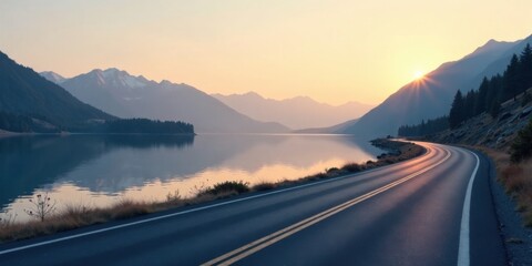 Serene Sunset Drive along a Mountain Lake Road