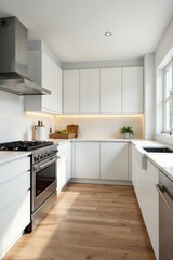 Sleek white cabinets, stainless steel oven, quartz countertops, home decor, backsplash, building