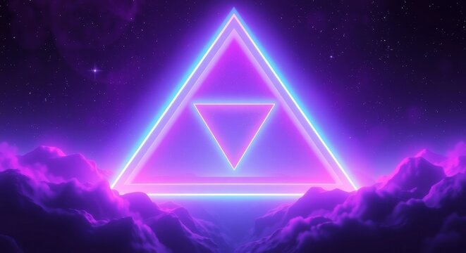 Neon Triangle Portal: Vibrant light and space art with stars and clouds in a purple and blue color scheme. - Powered by Adobe