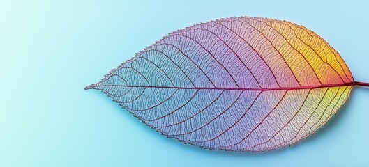 A colorful leaf against a soft blue background, showcasing intricate details and a rainbow gradient effect.