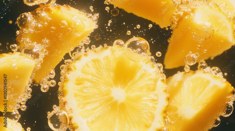Poster refreshing pineapple soda texture with bubbles for summer beverage design
