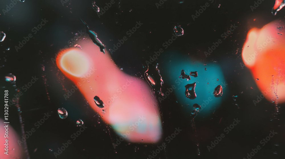 Poster Atmospheric raindrop texture on window with colorful blur for design and background use