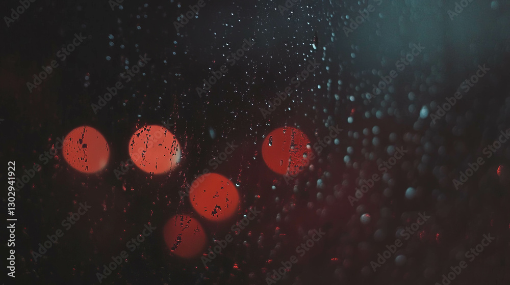 Poster Moody overlay texture of raindrops on a window with blurred lights