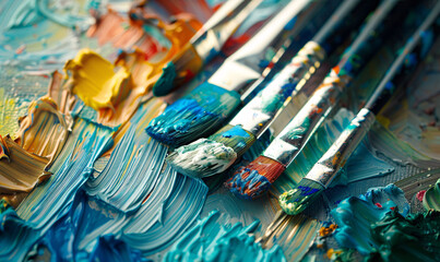 Fototapeta premium Collection of paintbrushes on an artist’s palette with mixed colors and textures