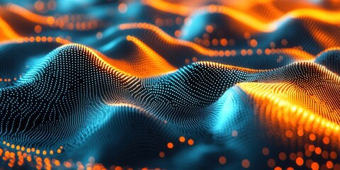 Abstract Digital Waveform: Glowing Blue and Orange Particle Simulation