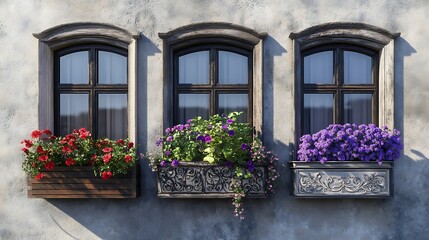 Naklejka premium 美しい花が彩るヨーロピアンスタイルの窓