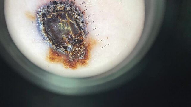 Melanoma is a malignant tumor of the human skin. Macro magnified 20 times with a dermatoscope microscope.