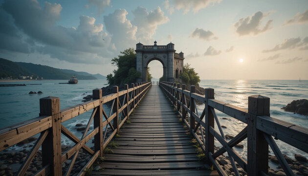 depicts the charm of a weathered footbridge leading to the coast, with its picturesque structure, entrance to paradise, and thrilling excitement it offers.