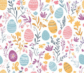  a continuous pattern art style poster celebrating Easter. The design should feature simple colors, including white, lavander,