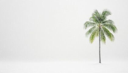 A solitary palm tree stands against a minimalistic white background, evoking a serene, tropical atmosphere.