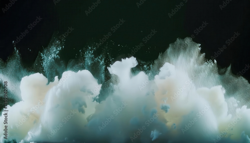 Poster ethereal explosion of white foam in dark atmosphere, abstract surreal cloudburst with fine particle dispersion, dreamlike visual for artistic and conceptual background