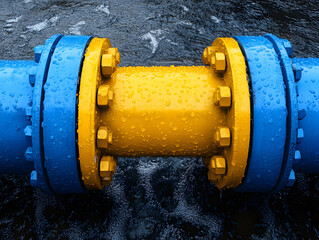 Industrial Valve in a Modern Factory Setting Showcasing Yellow Piping and Polished Surfaces Under Bright Lighting Conditions