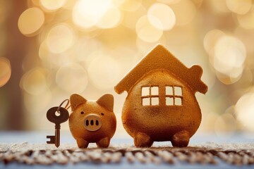 Businessman holding key to family home with piggy bank and saving icons on table - concept of charity, finance planning, and crisis management.
