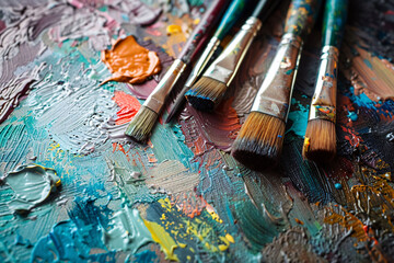 Obraz premium Detail of paintbrushes with wet acrylic paint on canvas