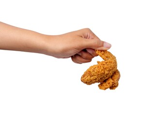 Hand Holding Crispy Fried Chicken Wing Isolated on White Background Delicious Food Concept