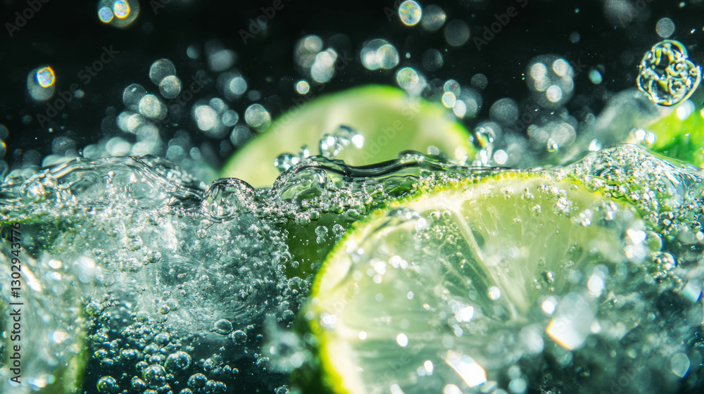 Poster refreshing lime slices in bubbling tonic water texture for beverage design