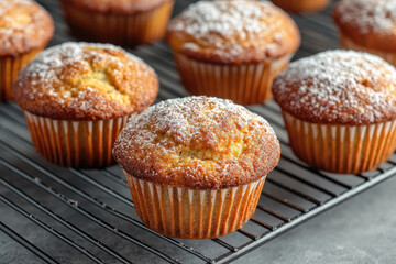 Freshly baked muffins dusted with powdered sugar, cooling on a wire rack, showcasing a golden-brown exterior and soft texture.