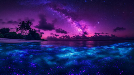 Fototapeta na wymiar Panoramic night view of tropical island with vibrant milky way and bioluminescent waves