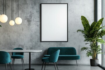 Modern cafe interior, blank poster, teal seating, plant