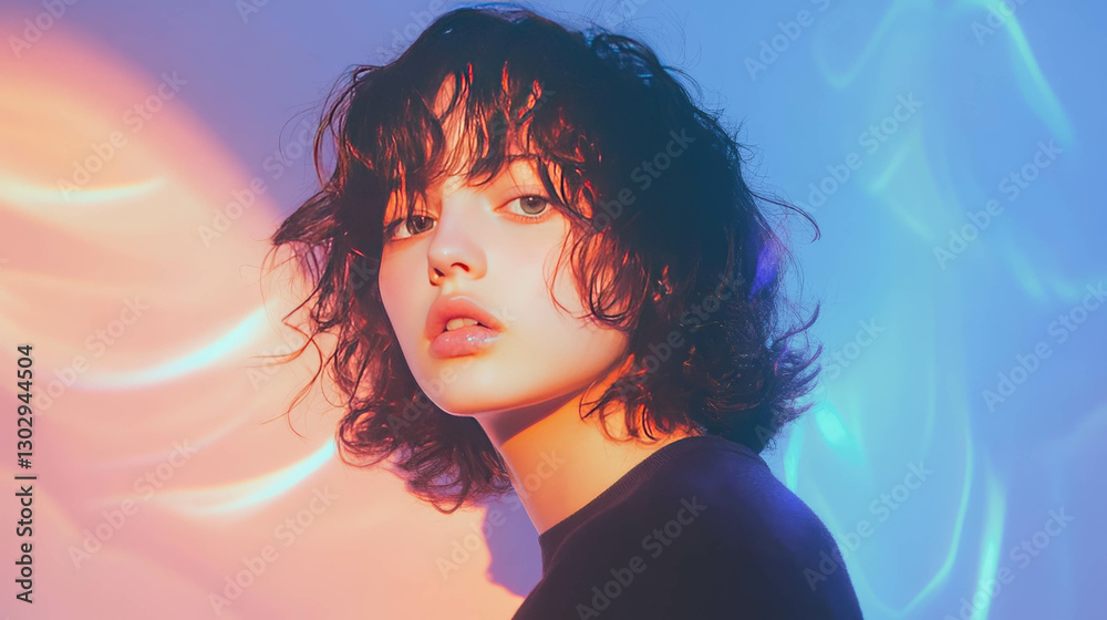 Poster artistic portrait of a person in colorful light with chaotic theme for creative design