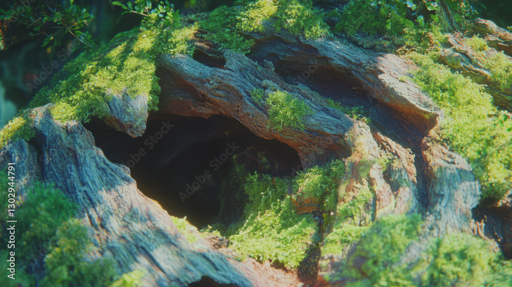 Poster close-up of ancient tree bark with moss and deep grooves