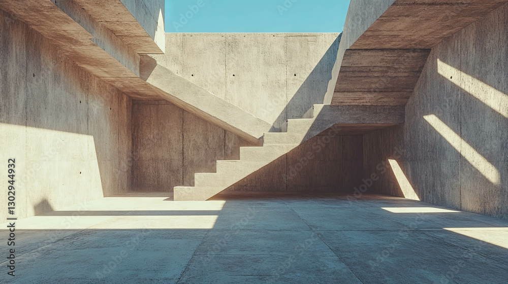 Poster modern architectural space with concrete walls and staircase design