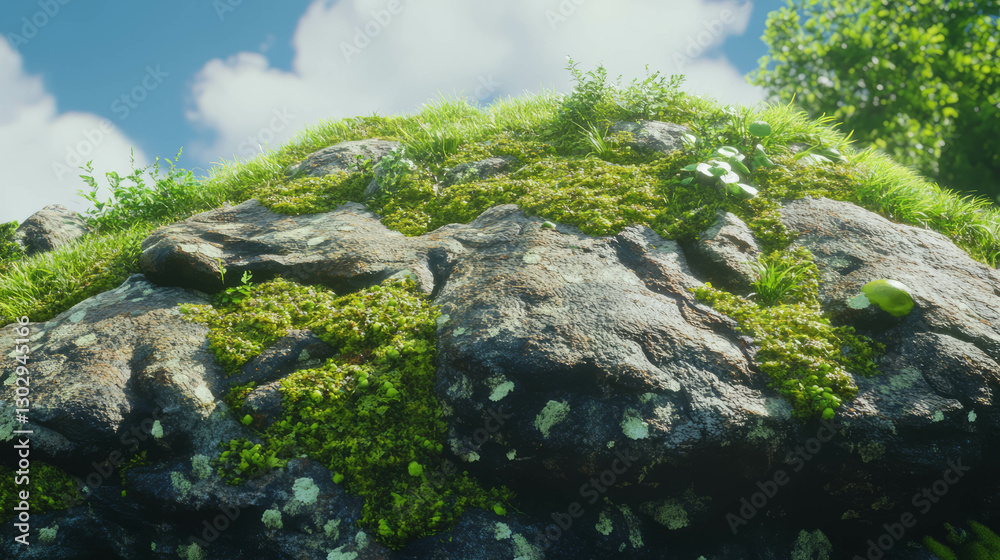 Aufkleber lush moss and lichen on rough tree bark under bright sky