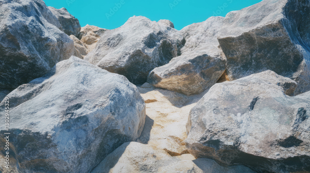 Poster rugged volcanic rocks with sharp edges and porous texture under clear blue sky