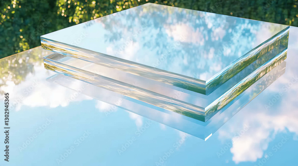Poster Smooth glass with reflections and transparency in a natural setting
